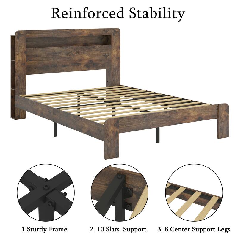 Roomfitters Wood Platform Bed Frame with Charging Station, Headboard Storage & Under-Bed Clearance, Dark Brown