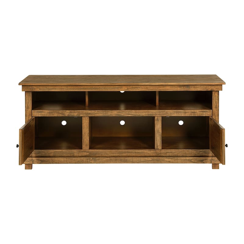 2 Doors and 4 Open Shelves Wooden TV Stand in Distressed Brown