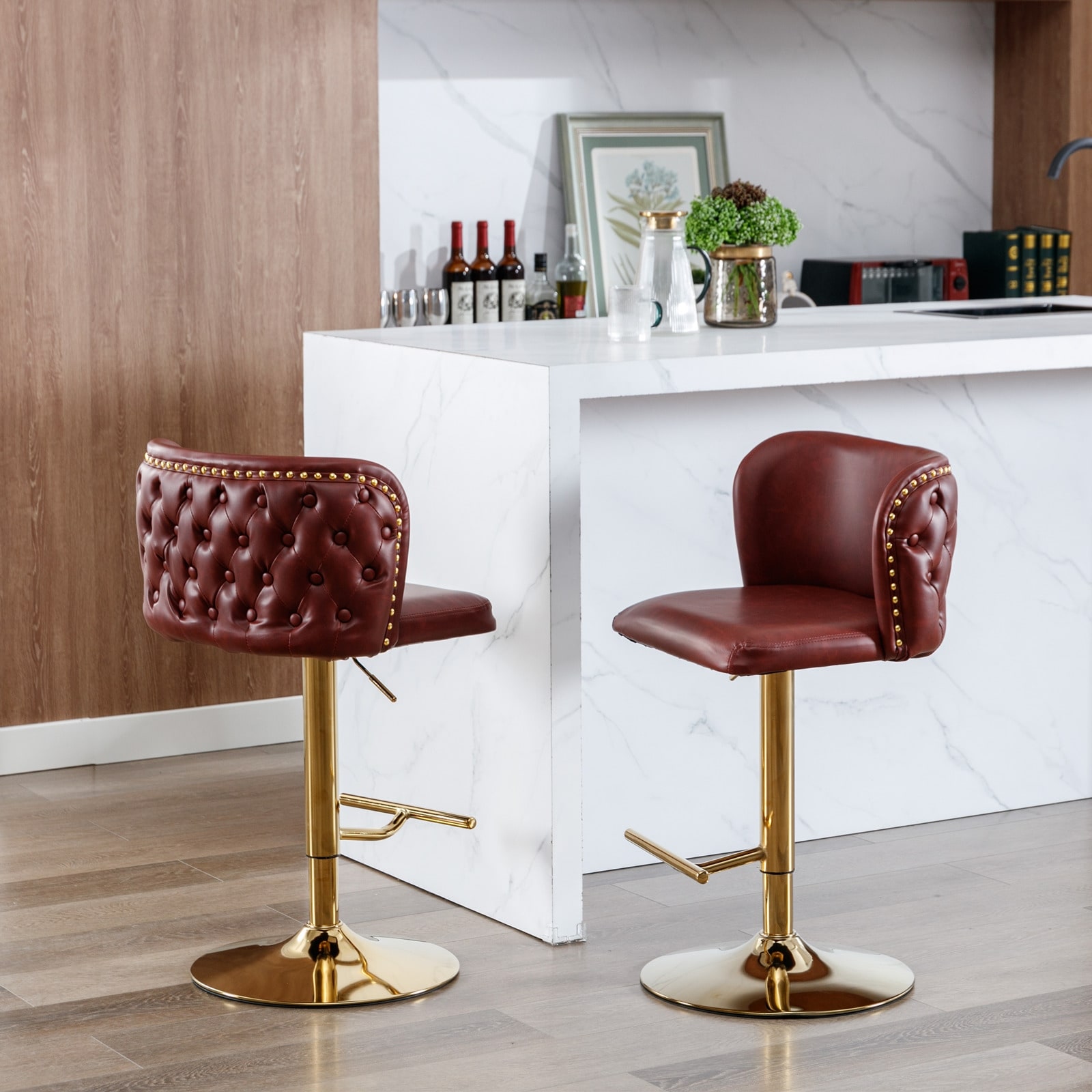 Furniture Set of 2 Swivel PU Leather Bar Stools with Fully Tufted Back, Adjustable Height - Wine Red Burgundy