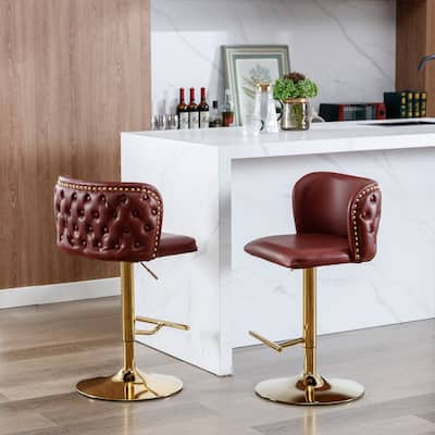 Modern Upholstered Pu Bar Chair Set of 2 with Back Tufted & Nailhead Gold Chrome Base, Adjustable Swivel Bar Stool