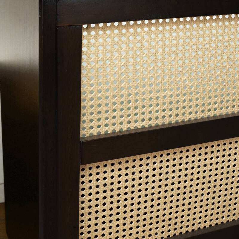 Full/King Size Rubber Wood Bed with Rattan Headboard and 2 Storage Drawers, Solid Frame with Reinforced Support Slats and Feet