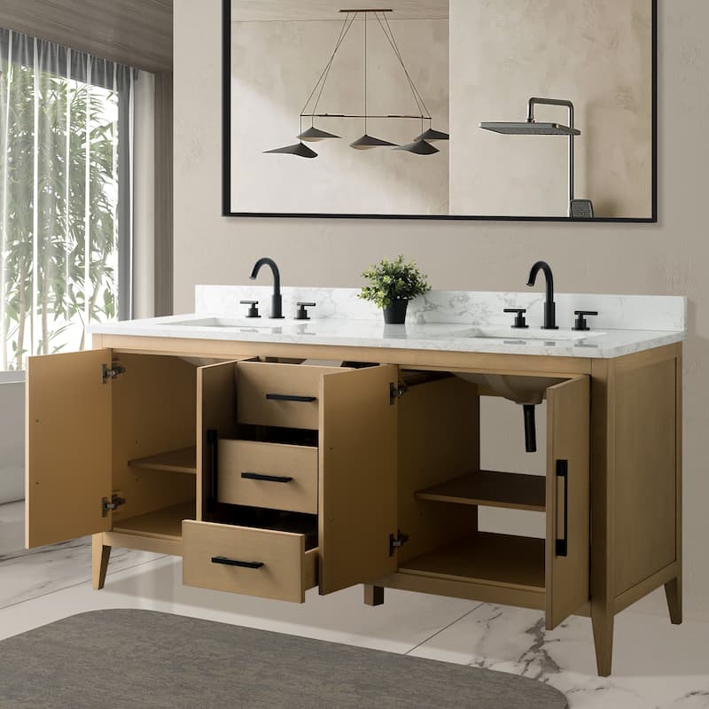 Vanity Art 72" Double Sink Bathroom Vanity Cabinet with Engineered Marble Top