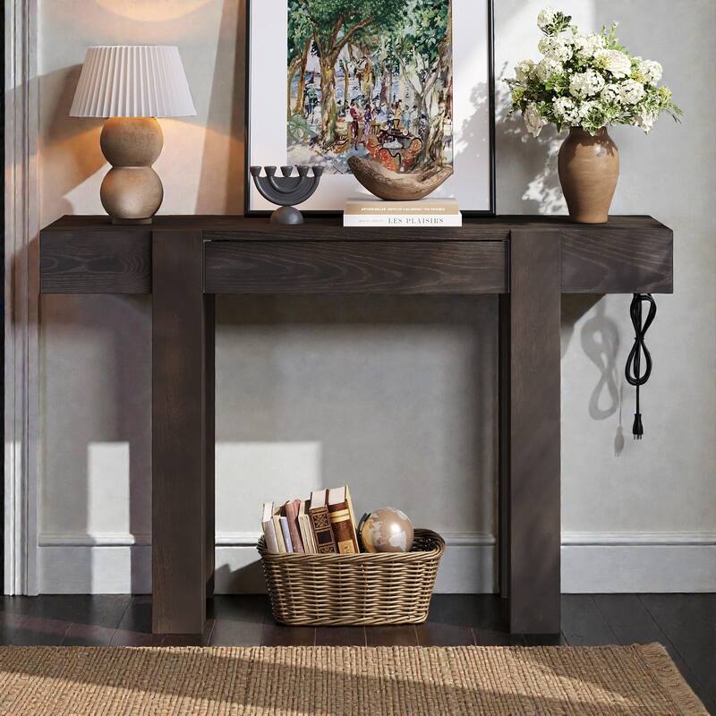 Rustic Minimalist Console Table with Hidden Drawer & Power Outlet, Solid Wood Entryway Table for Living Room & Home Office - Espresso