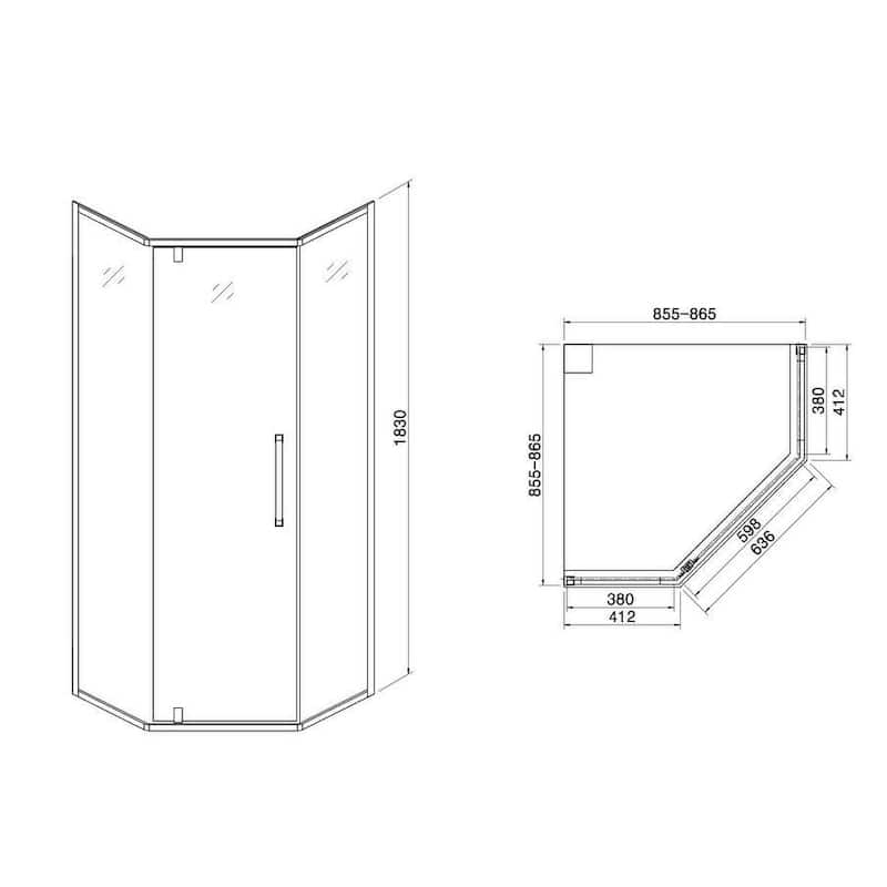 Kichae Shower Door 34-1/8" x 72" Semi-Frameless Neo-Angle Hinged Shower Enclosure - 34'' x 72''