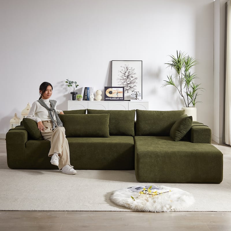 108" Chenille L-Shaped Modular Sectional Sofa with 6 Pillows
