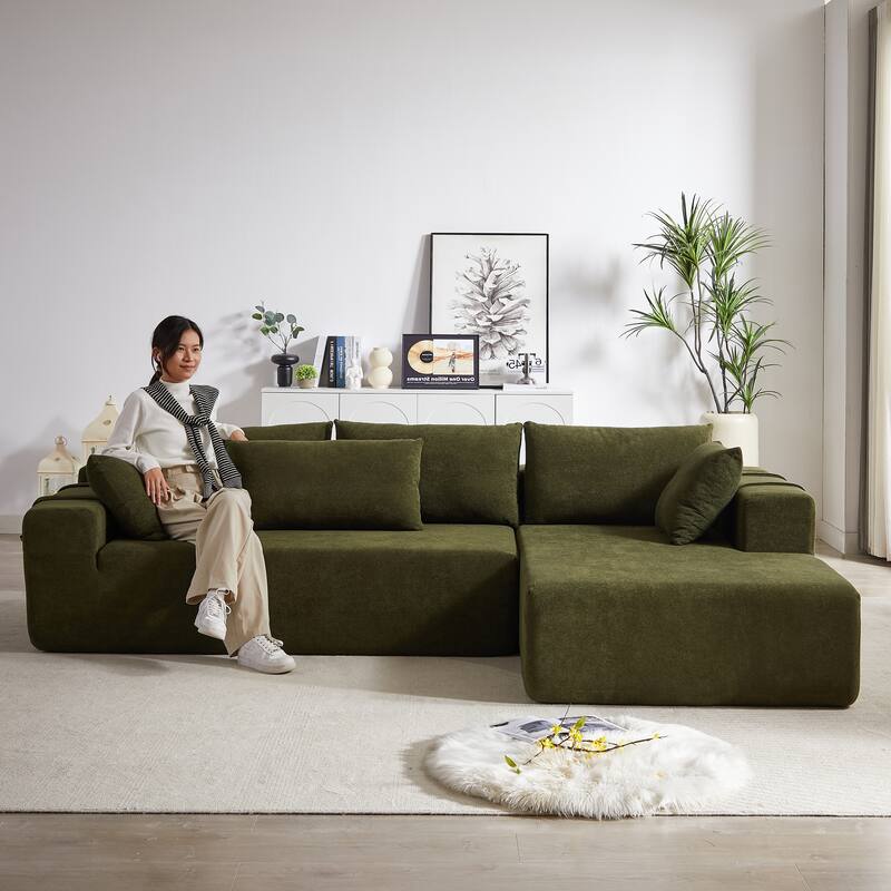 Chenille Upholstered Sectional Sofa Floor Modular Couch Bed L Shaped Sofa Set with 6 Pillows, 2pc Loveseat Chaise Lounge