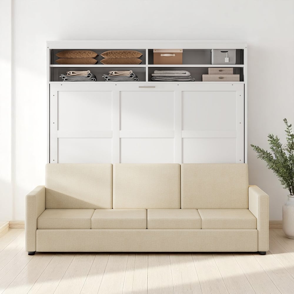 Full/Queen Size Murphy Bed Wall Bed with Sofa & Storage, Foldable Space-Saving Design with Cushion