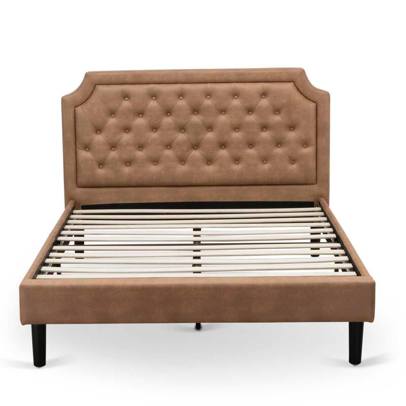Queen Size Bed Frame - Modern Upholstered Headboard Footboard Wood Rails & Slats - Brown Black Finish