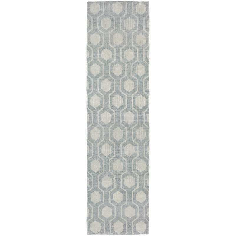 Vista Home Handmade Wool Geometric Odgee Trellis Area Rug - 2'6" x 10' Runner - Blue/Cream - Runner/Rectangle