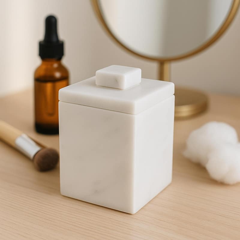 Creative Home Off-White Marble Cotton Ball Swab Holder, Bathroom Storage Jar