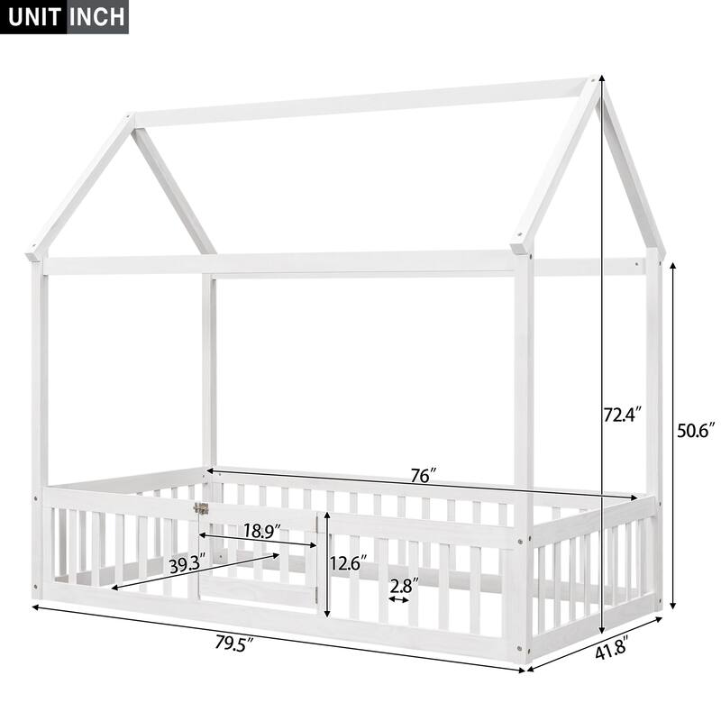Twin Size Pine Wood House Bed with Fence, Door, and Solid Construction