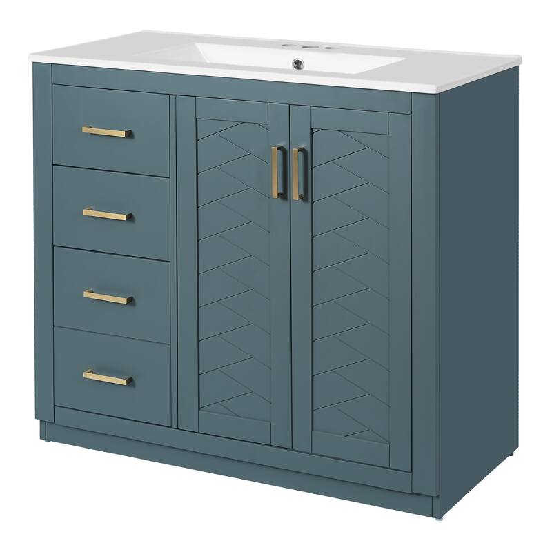 36'' Bathroom Vanity with Ceramic Sink Combo, Solid Wood Frame Bathroom Storage Cabinet with 3 Drawers& Soft Closing Doors
