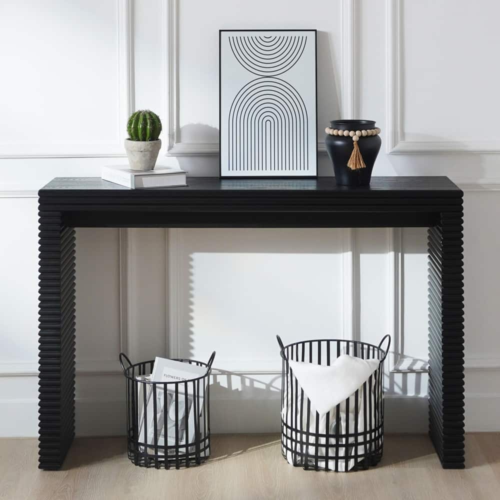Modern Hallway Table Black Console Table with Ribbed Design