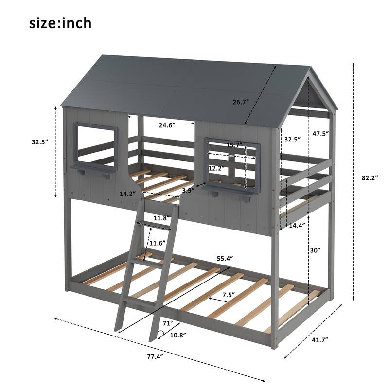 Playhouse Design Twin Over Twin Bunk Bed, Full-Length Guardrails