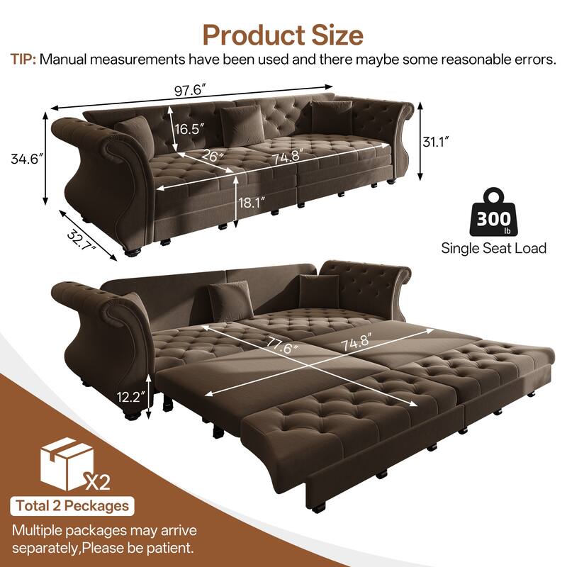 97.6 Inch Chesterfield Pull Out Sofa Bed, Velvet Roll Arm Couch with Flower Tufting, Convertible Sleeper
