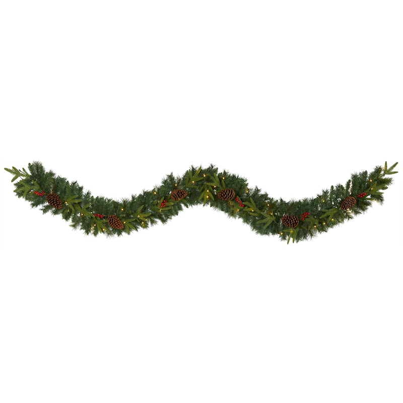9' Mixed Pine Christmas Garland with 50 Clear LED Lights, Berries
