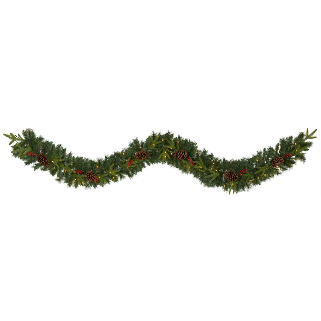 9' Mixed Pine Christmas Garland with 50 Clear LED Lights, Berries