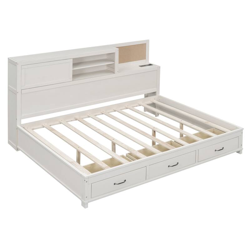 Full/Twin Size Built-in Storage Bed Versatile Wooden Daybed with 3 Drawers, Pushable Top Shelf, USB Ports and Power Outlets