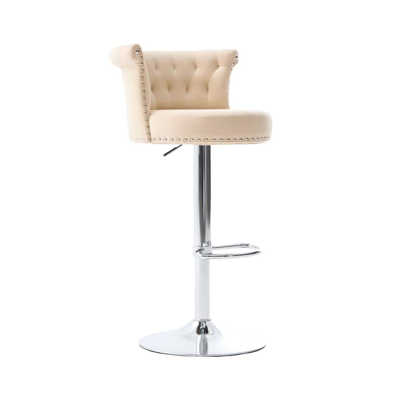 Velvet Bar Stool Set of 2, Adjustable Swivel Bar Stools with Silver Plated Metal Leg, Chrome Nailhead, Counter Height Chair