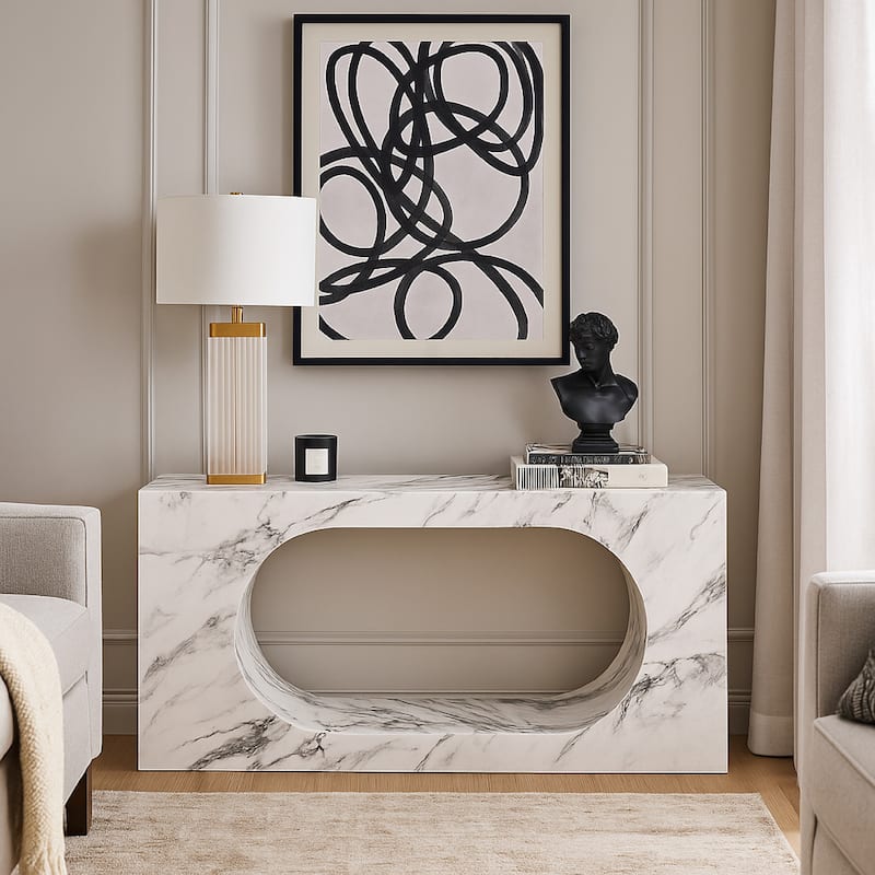 Ritzy Console Table, White Marble Faux Stone, Modern Design, 59 Inch