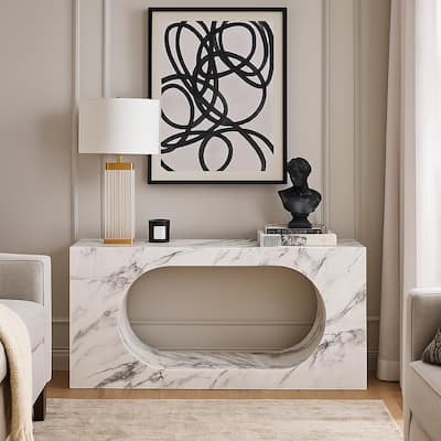 Ritzy Console Table, White Marble Faux Stone, Modern Design, 59 Inch