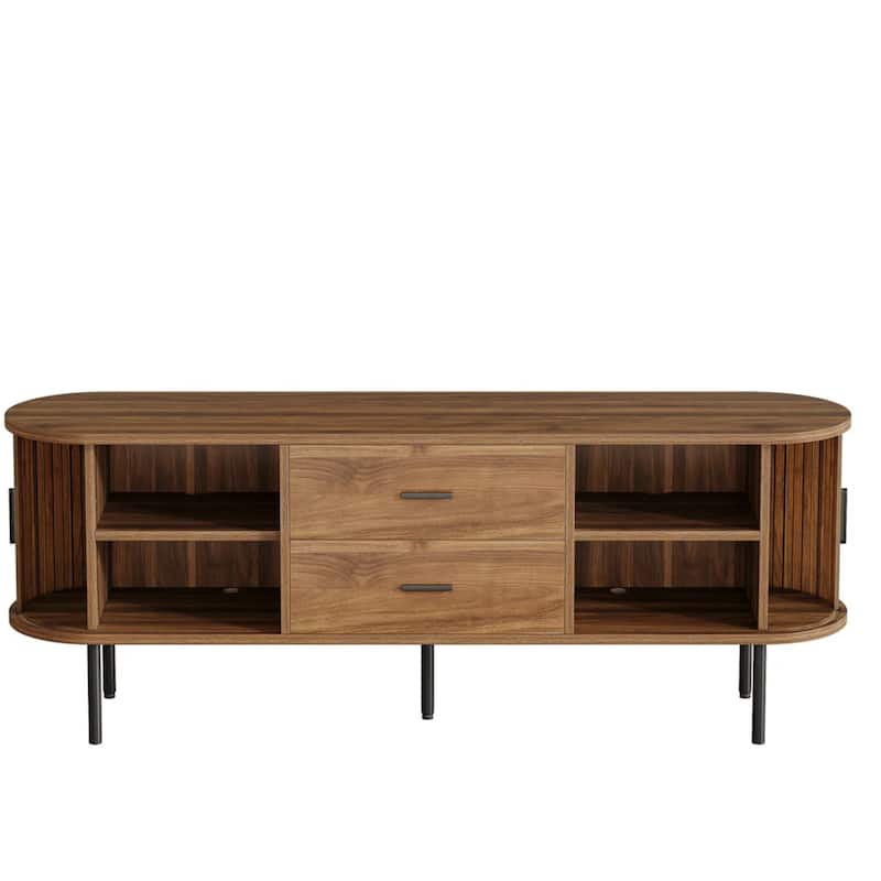 70.87" Walnut Mid-Century Modern Fluted TV Stand with Tambour Sliding Doors for Living Room