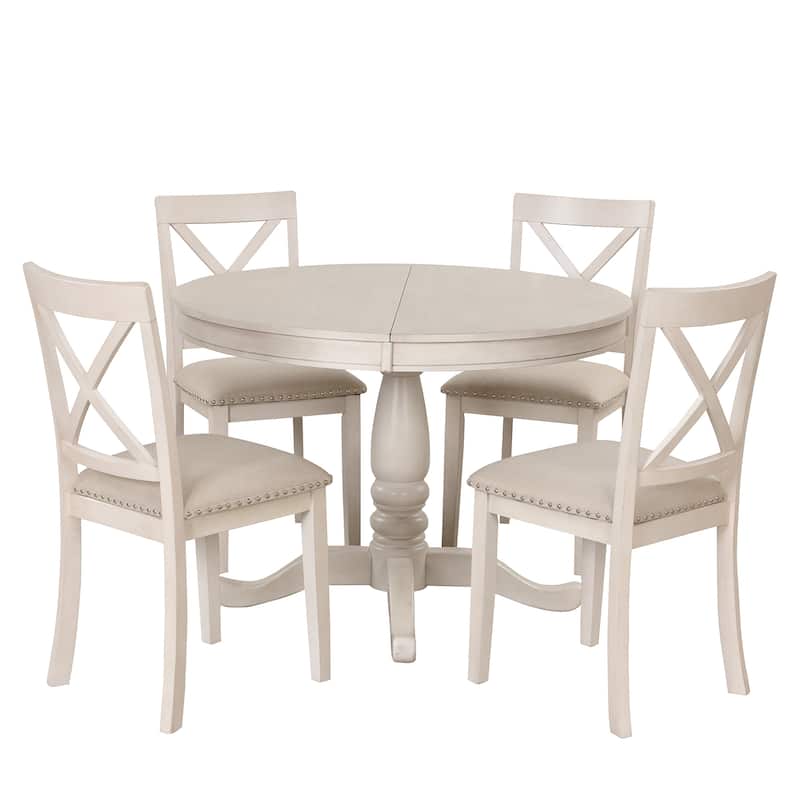 5 Piece Wood Dining Table Set, Kitchen Dining Table Set with Extendable Round Dining Table and 4 Chairs with Backrest