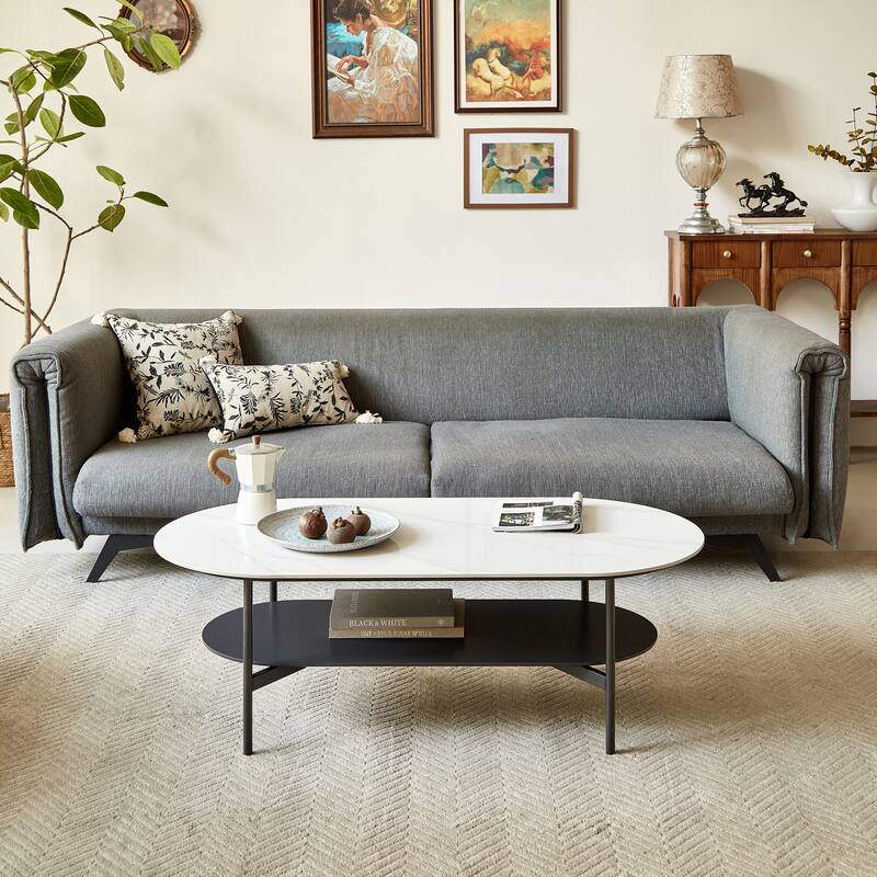 Oval Coffee Table with Bright Sintered Stone Top, 2-Tier Center Table with Metal Frame and Walnut finish Storage Shelf