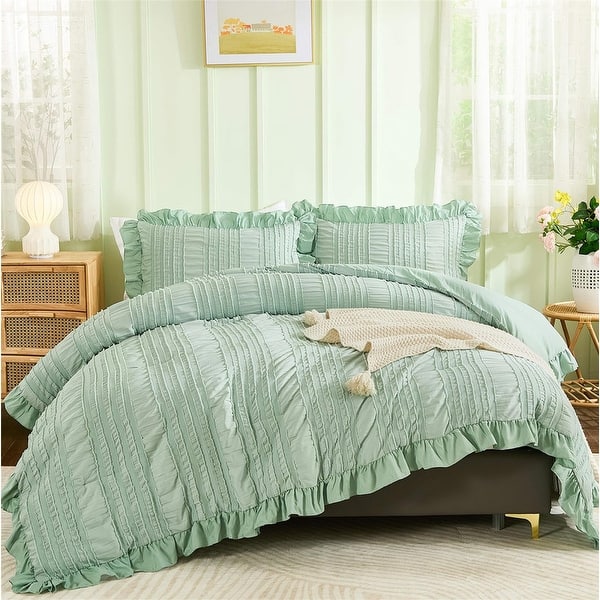 Green Ruffle Duvet Cover Shabby Chic Farmhouse Bedding Set