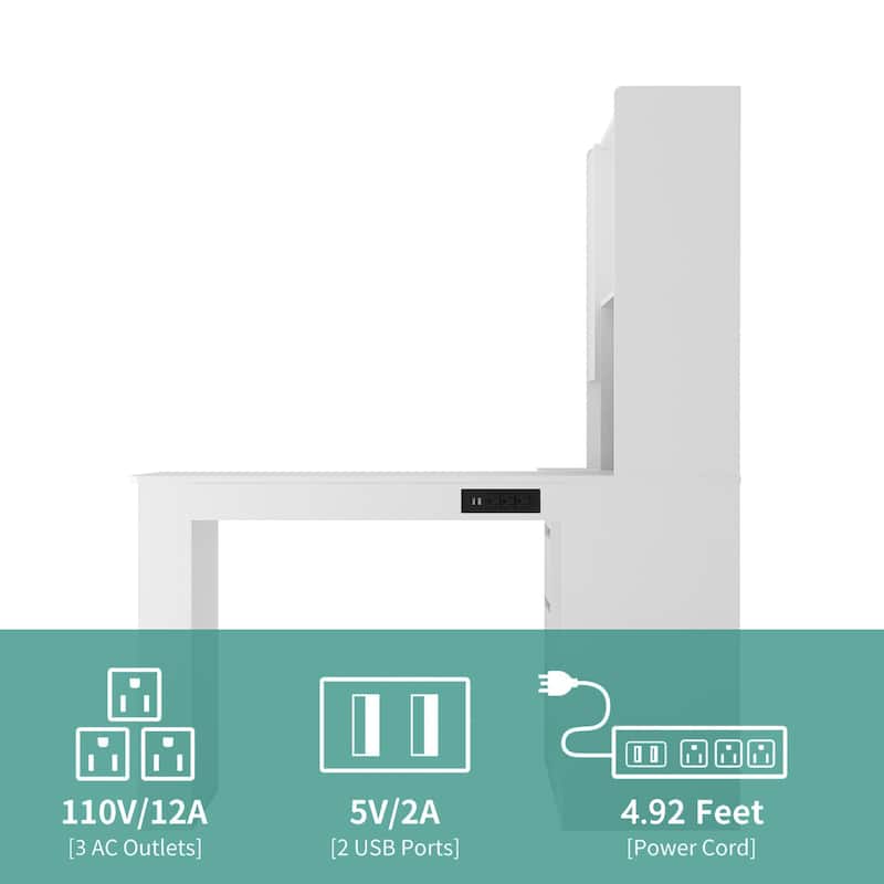 L-Shaped Corner Storage Desk with LED Light, Modern Home Office Computer Table Gaming Desk with Drawers and Bookshelf