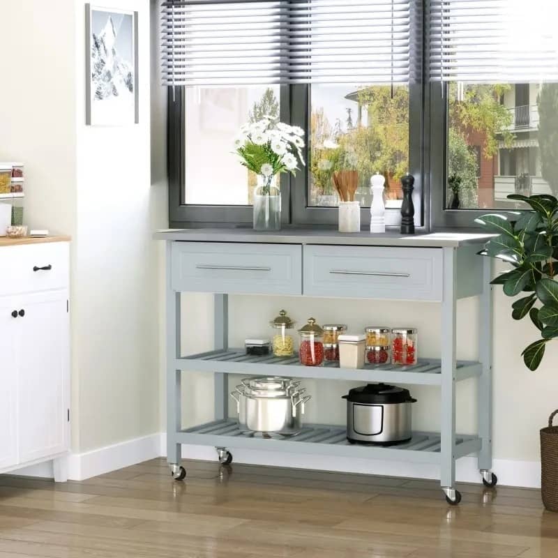 Light Gray Rolling Kitchen Island 2 Drawers Storage with Stainless Steel Top - 47.25 inches L x 19.75 inches W x 36 inches H
