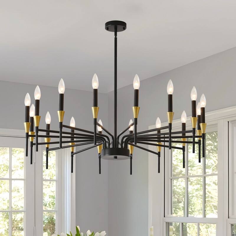 Black & Gold Modern Farmhouse Chandelier Rustic Ceiling Light Dimmable E12 Candle-Style Pendant Lighting Fixture