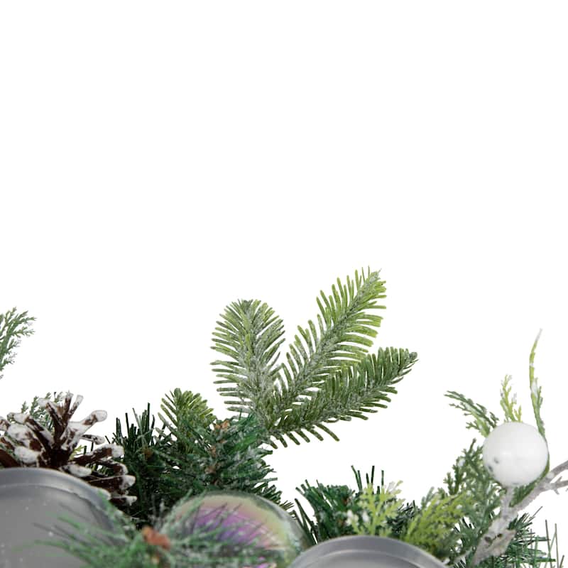 32" Green Pine Triple Candle Holder Berries Iridescent Ornaments