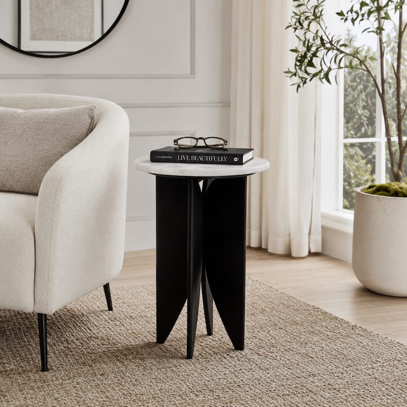 Contemporary Round Pedestal Stone Top Accent Table - 24" - Black/ White - 23.25"