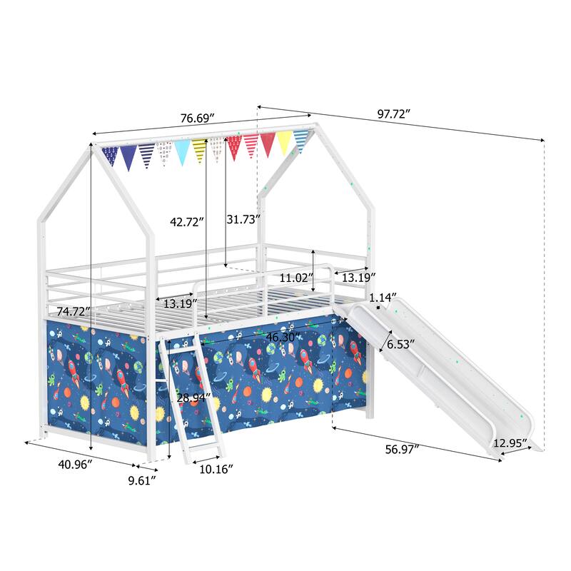 Kids' Twin Loft Bed with Slide, Curtain Set, Pennant Banner, and Star Stickers