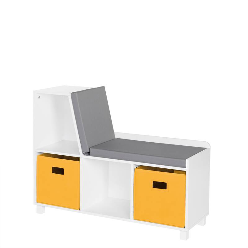 RiverRidge Kids Reading Nook Cushioned Toy Storage Bench with Cubby Organizers with Optional Fabric Bins- White