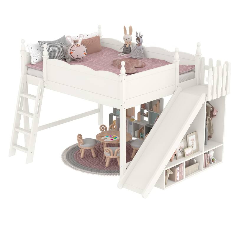 Queen Loft Bed with Storage Shelves and Wardrobe, Solid Wood Loft Beds with Detachable Slide and Ladders, No Spring Box Needed