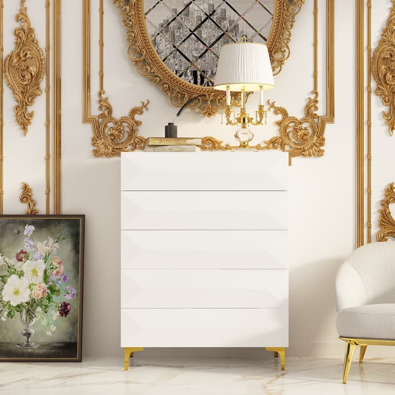 Dresser Chest Highboy Unique Asymmetrical Drawers & Metal Accents