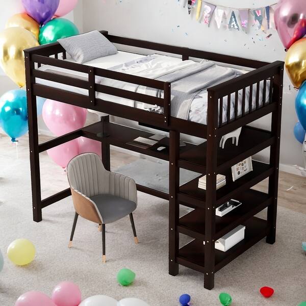 slide 2 of 13, Twin Size Loft Bed with Storage Shelves and Under-bed Desk,Space-saving,Gray Gray
