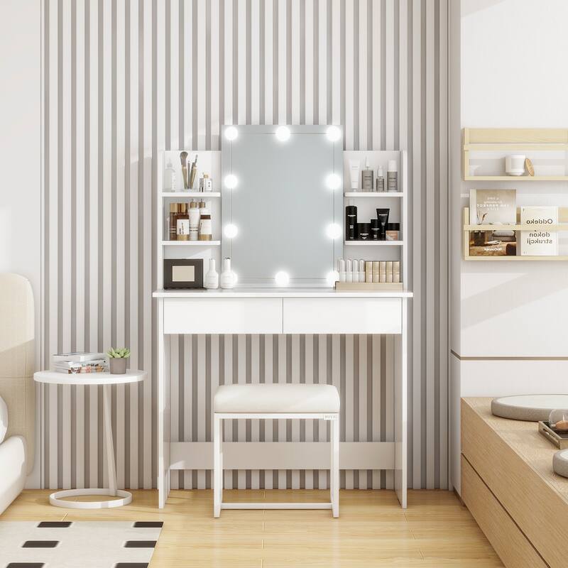 Modern Vanity Desk with Mirror and 3 Lighting Modes, crystal knob handles， Glass Top and Storage , Charging Station