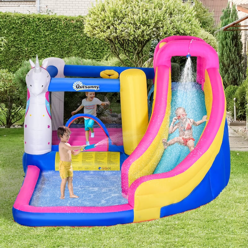 Outsunny Kids Bounce Castle House Inflatable Trampoline Water Slide Pool Climbing Wall 5 in 1 with Inflator for Kids Age 3-8