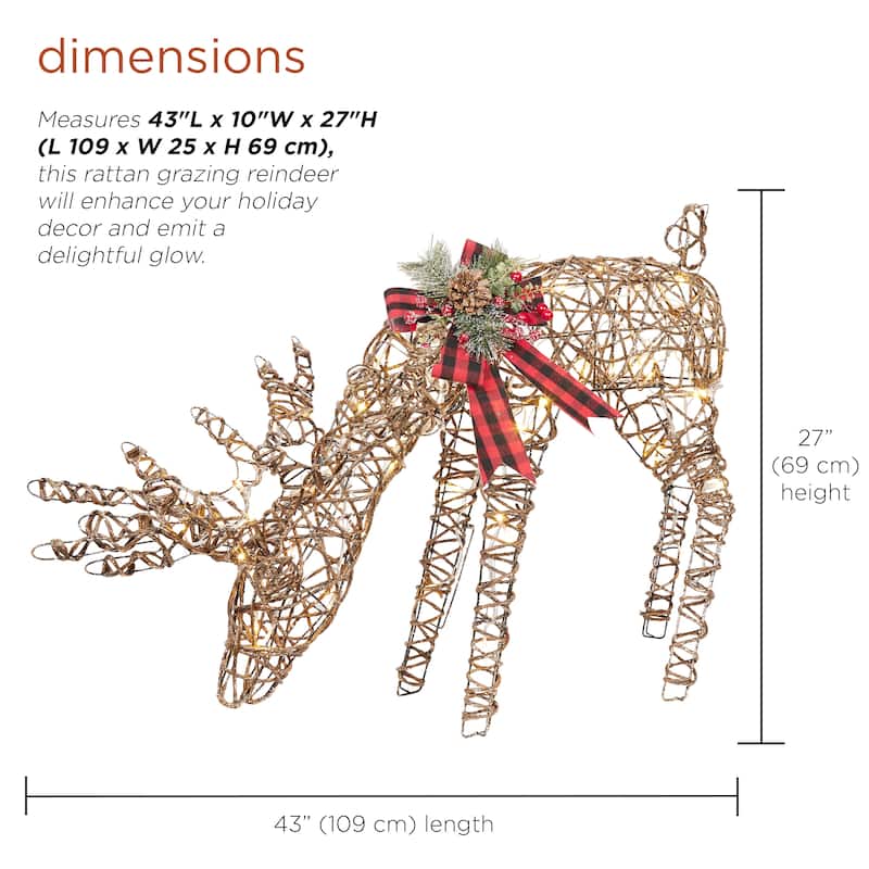 Rattan Grazing Reindeer with Bow and LED Lights Decor - Natural