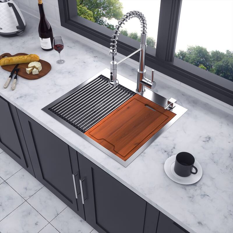 Drop-in Single Bowl Stainless Steel Kitchen Sink with Workstation - 25*22