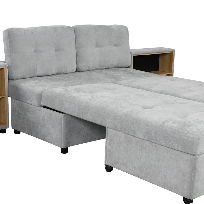 121.2" Chenille Modular Sofa Bed with Two Storage Racks, Free-Combined Design, and Smooth-Rolling Wheels