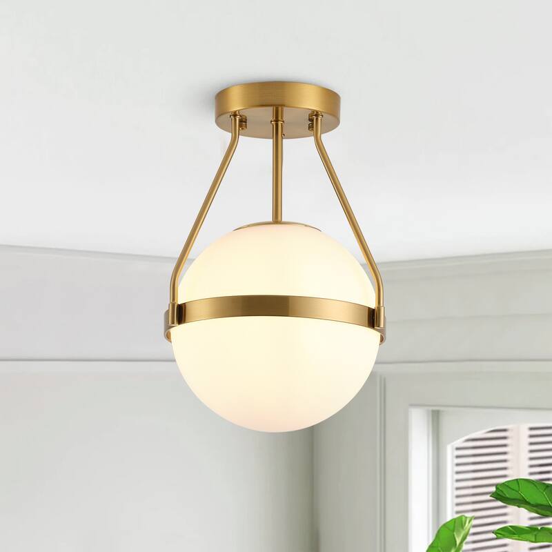 Brushed Brass 1-Light Semi Flush Mount Ceiling Light with White Globe Glass Shade - Brass