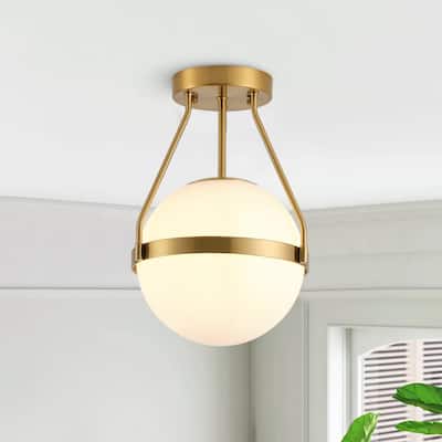 Brushed Brass 1-Light Semi Flush Mount Ceiling Light with White Globe Glass Shade