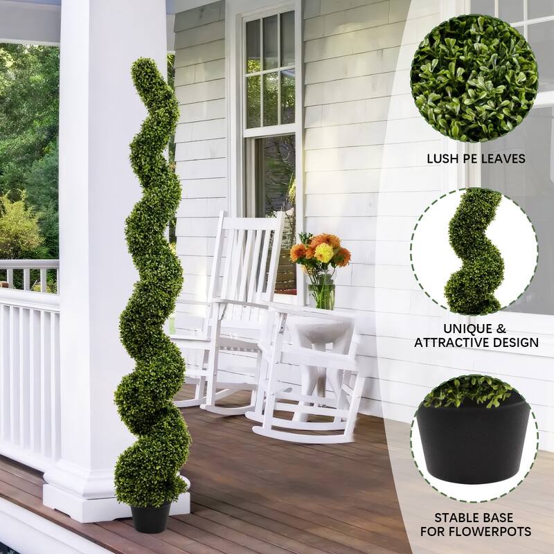 6FT Spiral Topiary Trees Artificial Outdoor Faux Boxwood Plants Large Twisted Green Potted Trees, 2pcs/set