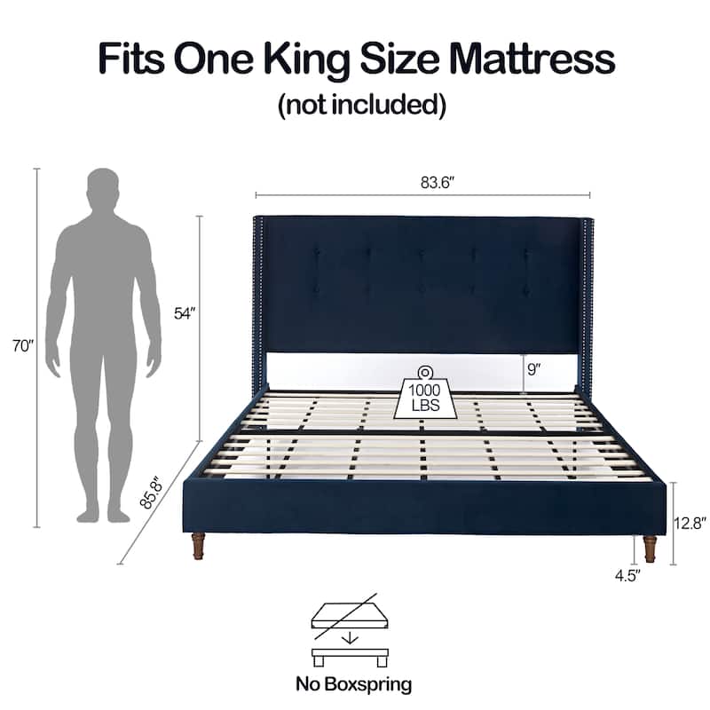 Velvet Queen Size Bed Frame with 54" Tufted Wingback Headboard, Nailhead Trim, Solid Wood Legs, Metal Support Frame