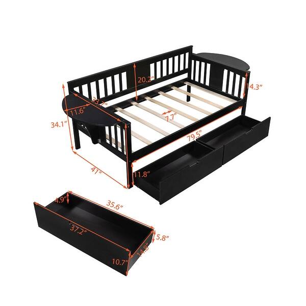 dimension image slide 2 of 3, Roomfitters Twin Size Daybed with Two Drawers, Wood Slat Support, Practical and Space-Efficient Storage Solution