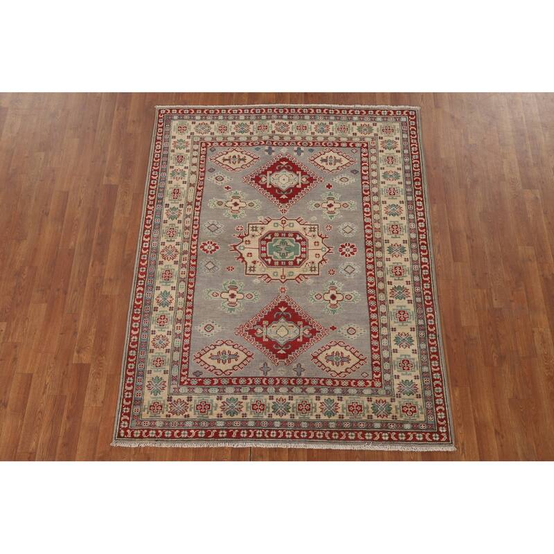 Kazak Area Rug Hand-Knotted Oriental Grey Wool Carpet - 5'0" x 6'5"